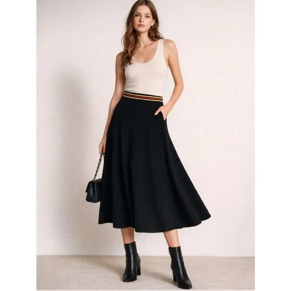 Sandro Paris Black Knit Midi Flare Skirt Striped Waist Size 2